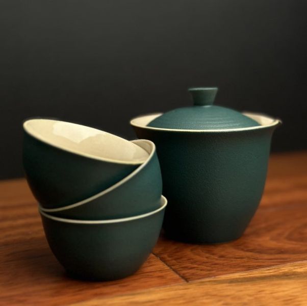 Дорожній набір посуду з кераміки гайвань і три піали темно-зелений, Китай id_7519 фото