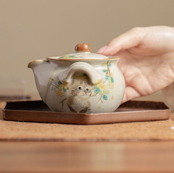 Чайник в стилі династії Сун "Весняне кошеня" ручної роботи крижана глазур 200мл, Китай id_9086 фото