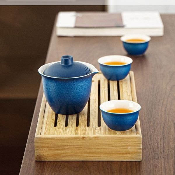 Дорожній набір посуду з кераміки гайвань і три піали темно-синій, Китай id_7982 фото