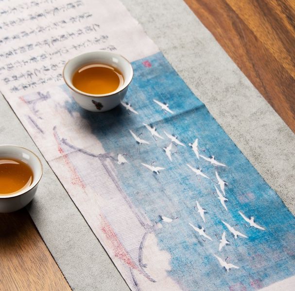 Рушник для чайної церемонії "Журавлі над Окінавою" двосторонній автентичний 19х120см, Китай id_9228 фото