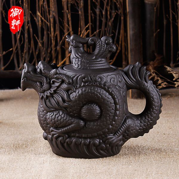 Автентичний чайник Дракон та фенікс з ісинської глини "Символ багатства, щастя та удачі" темний 500 мл, Китай id_8795 фото
