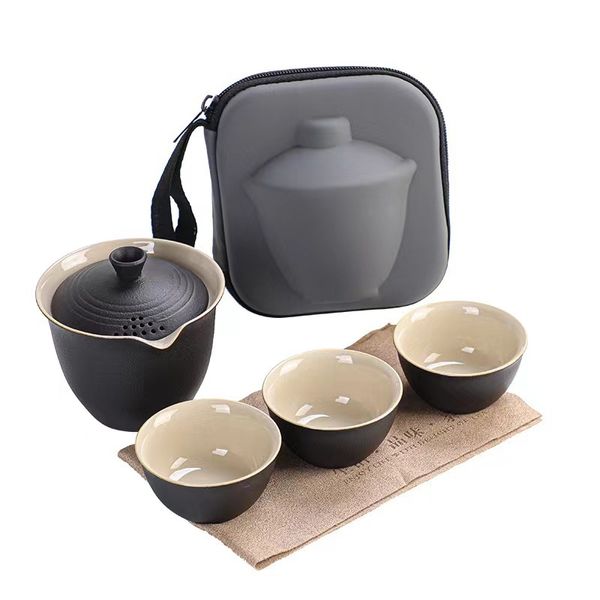 Дорожній набір посуду з кераміки гайвань і три піали чорний, Китай id_8840 фото